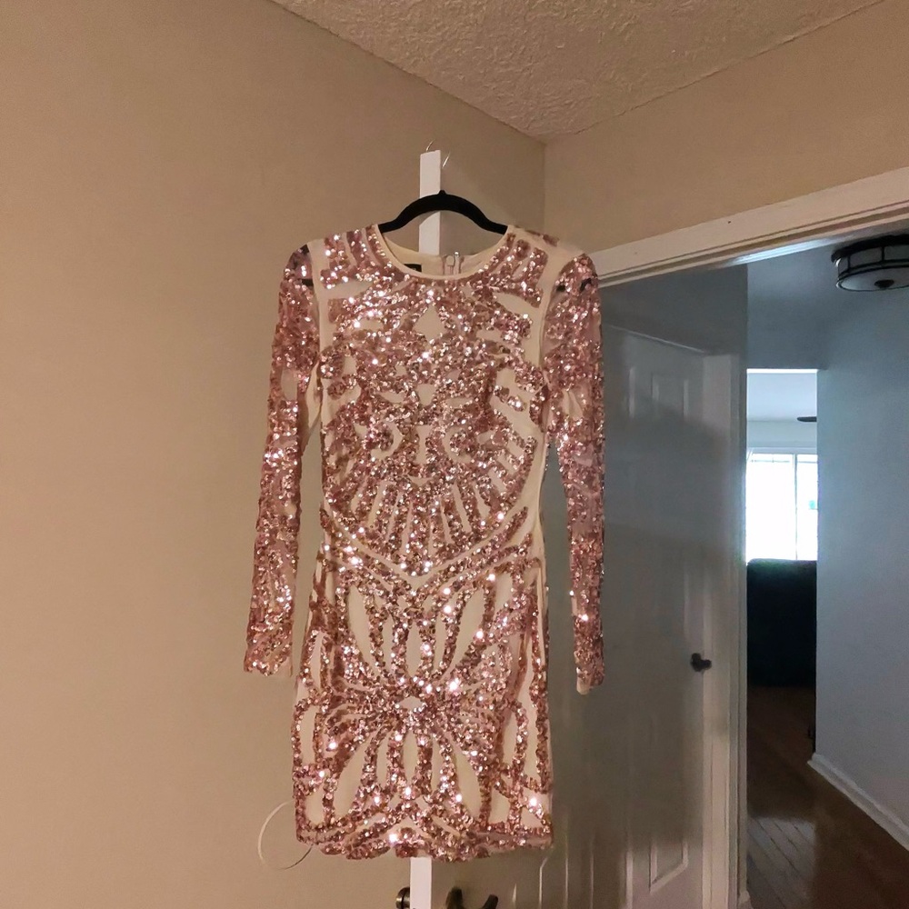 bebe Pink and Cream Sequin Long Sleeve Dress